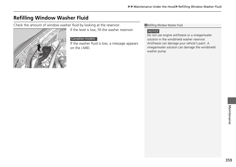 Refilling window washer fluid p. 359, Refilling window washer fluid | HONDA 2015 Civic Si Coupe - Owner's Manual User Manual | Page 360 / 441