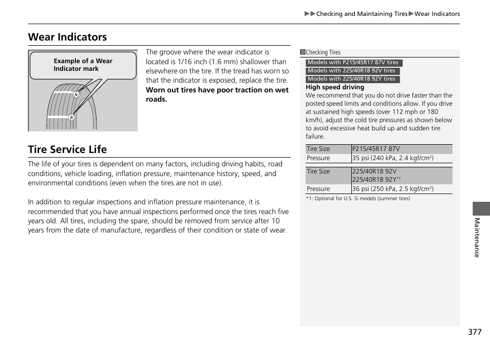 Wear indicators, Tire service life, Wear indicators p. 377 | HONDA 2015 Civic Si Coupe - Owner's Manual User Manual | Page 378 / 441