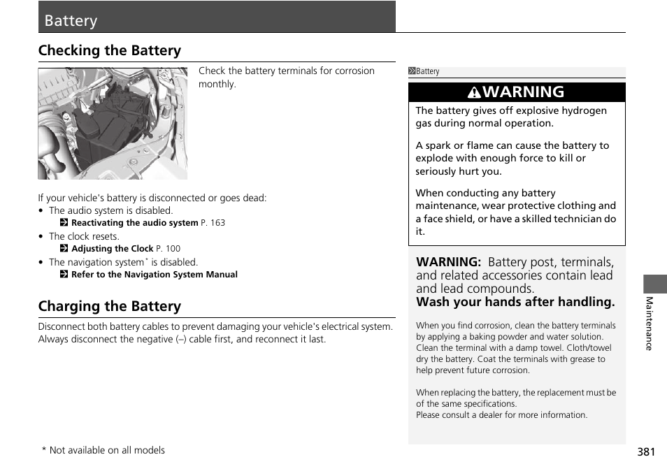 Battery p. 381, Battery, Warning | Checking the battery, Charging the battery | HONDA 2015 Civic Si Coupe - Owner's Manual User Manual | Page 382 / 441