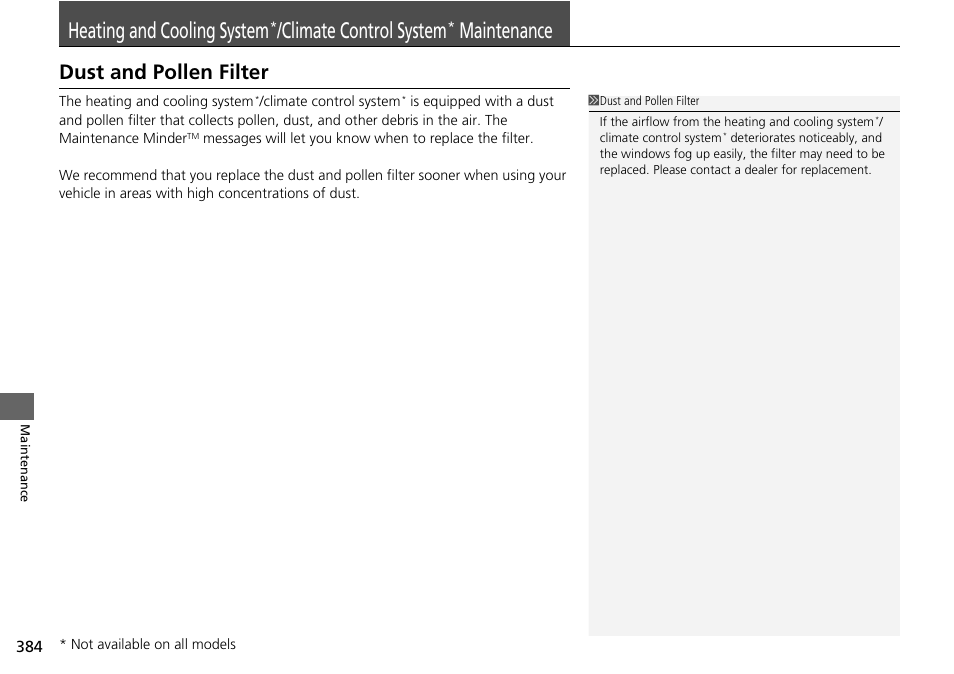 Heating and cooling system, Climate control system, Maintenance | Climate, Control system, Dust and pollen filter | HONDA 2015 Civic Si Coupe - Owner's Manual User Manual | Page 385 / 441