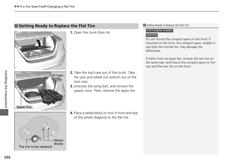 Getting ready to replace the flat tire | HONDA 2015 Civic Si Coupe - Owner's Manual User Manual | Page 395 / 441