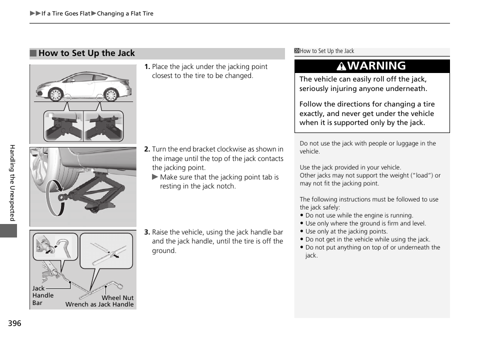 Warning, How to set up the jack | HONDA 2015 Civic Si Coupe - Owner's Manual User Manual | Page 397 / 441