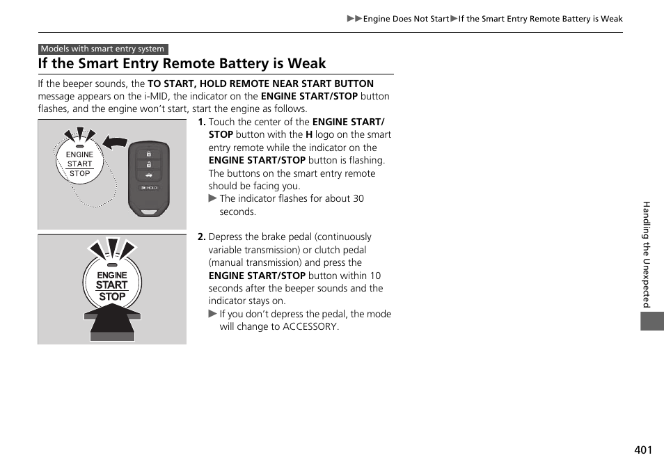 If the smart entry remote battery is weak, If the smart entry remote battery is weak p. 401 | HONDA 2015 Civic Si Coupe - Owner's Manual User Manual | Page 402 / 441