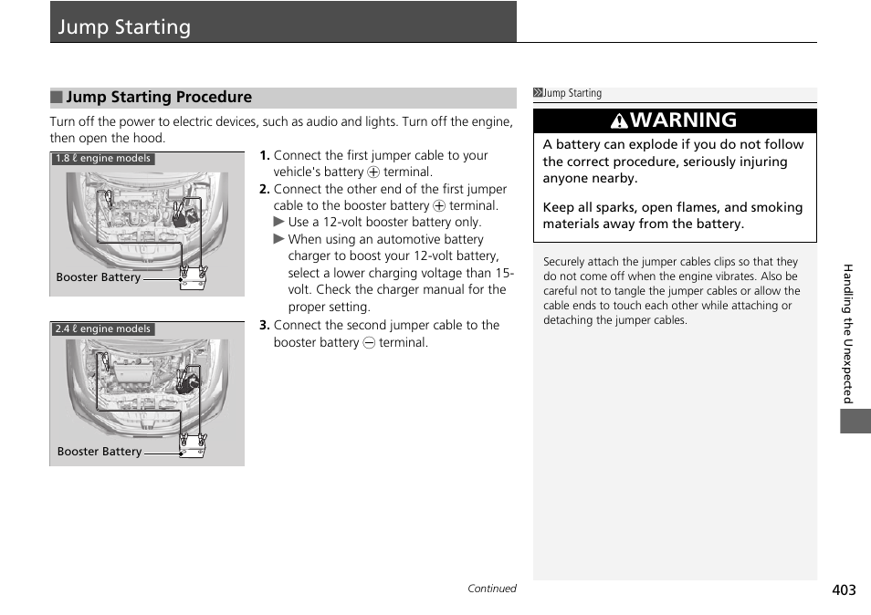 Jump starting p. 403, Jump starting, Warning | HONDA 2015 Civic Si Coupe - Owner's Manual User Manual | Page 404 / 441