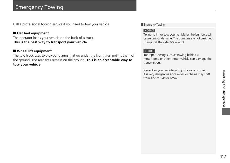 Emergency towing, P417), Emergency towing p. 417 | HONDA 2015 Civic Si Coupe - Owner's Manual User Manual | Page 418 / 441