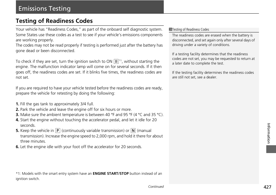 Emissions testing, Testing of readiness codes p. 427, Testing of readiness codes | HONDA 2015 Civic Si Coupe - Owner's Manual User Manual | Page 428 / 441