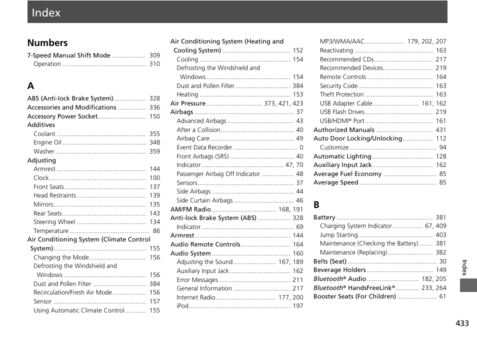 Index, Index numbers | HONDA 2015 Civic Si Coupe - Owner's Manual User Manual | Page 434 / 441