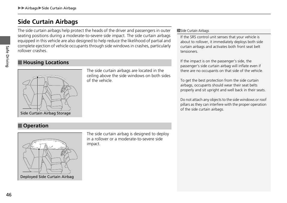 P46), Side curtain airbags | HONDA 2015 Civic Si Coupe - Owner's Manual User Manual | Page 47 / 441