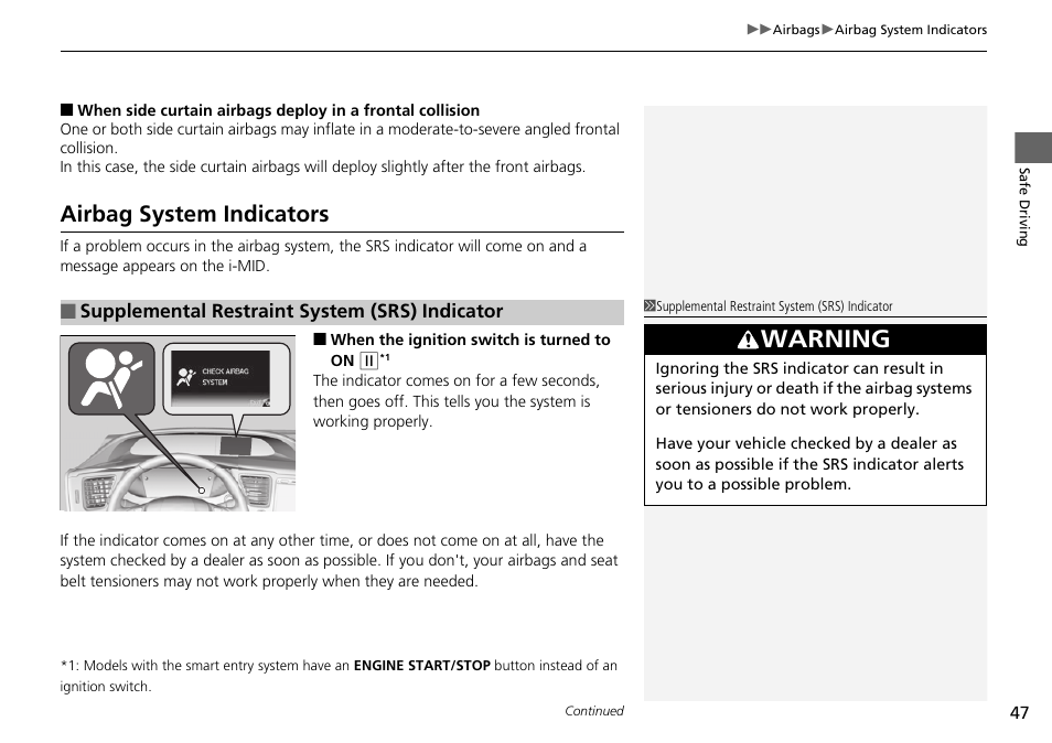 Airbag system indicators, Warning | HONDA 2015 Civic Si Coupe - Owner's Manual User Manual | Page 48 / 441