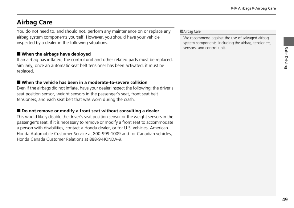 Airbag care | HONDA 2015 Civic Si Coupe - Owner's Manual User Manual | Page 50 / 441