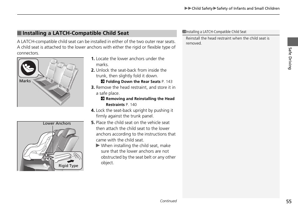 Installing a latch-compatible child seat | HONDA 2015 Civic Si Coupe - Owner's Manual User Manual | Page 56 / 441