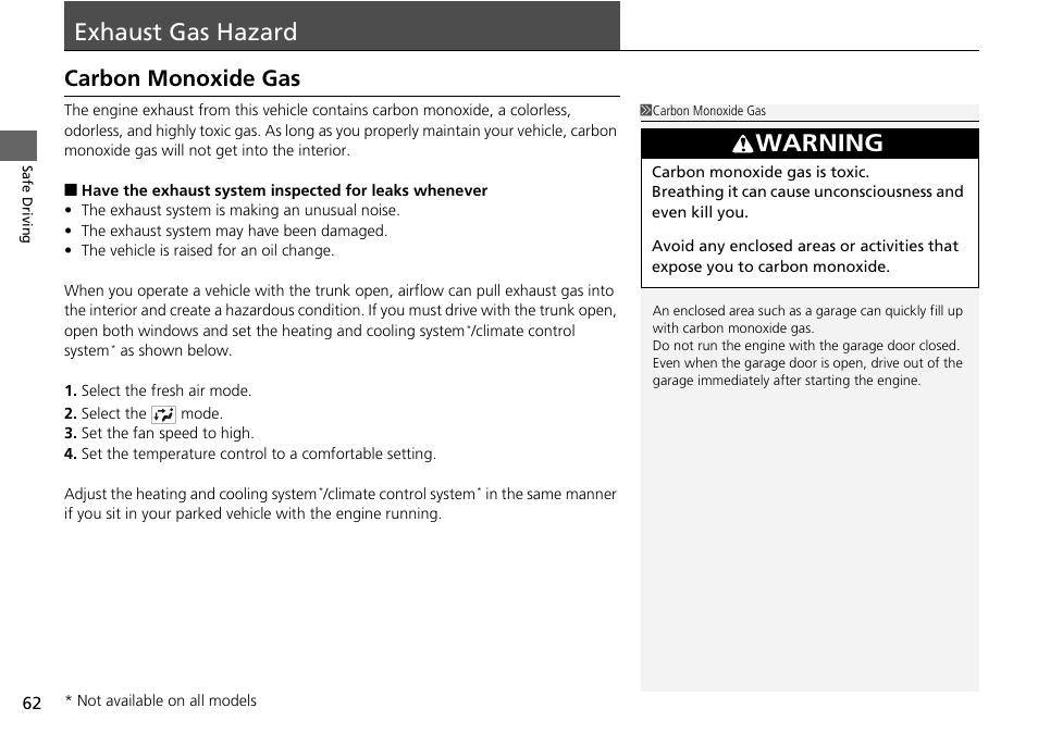 Exhaust gas hazard, P62), Carbon monoxide gas | Warning | HONDA 2015 Civic Si Coupe - Owner's Manual User Manual | Page 63 / 441