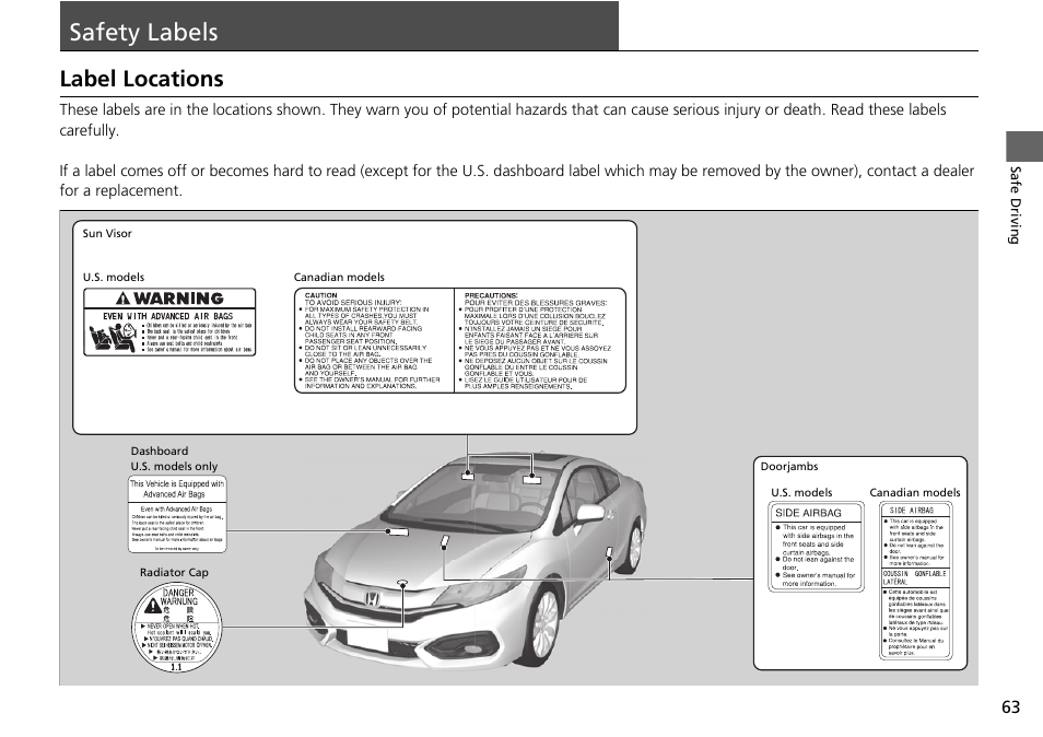 Safety labels p. 63, Safety labels, Label locations | HONDA 2015 Civic Si Coupe - Owner's Manual User Manual | Page 64 / 441