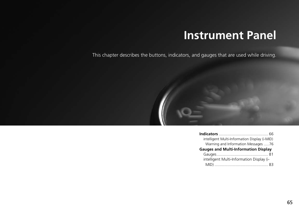 Instrument panel, P 65) | HONDA 2015 Civic Si Coupe - Owner's Manual User Manual | Page 66 / 441