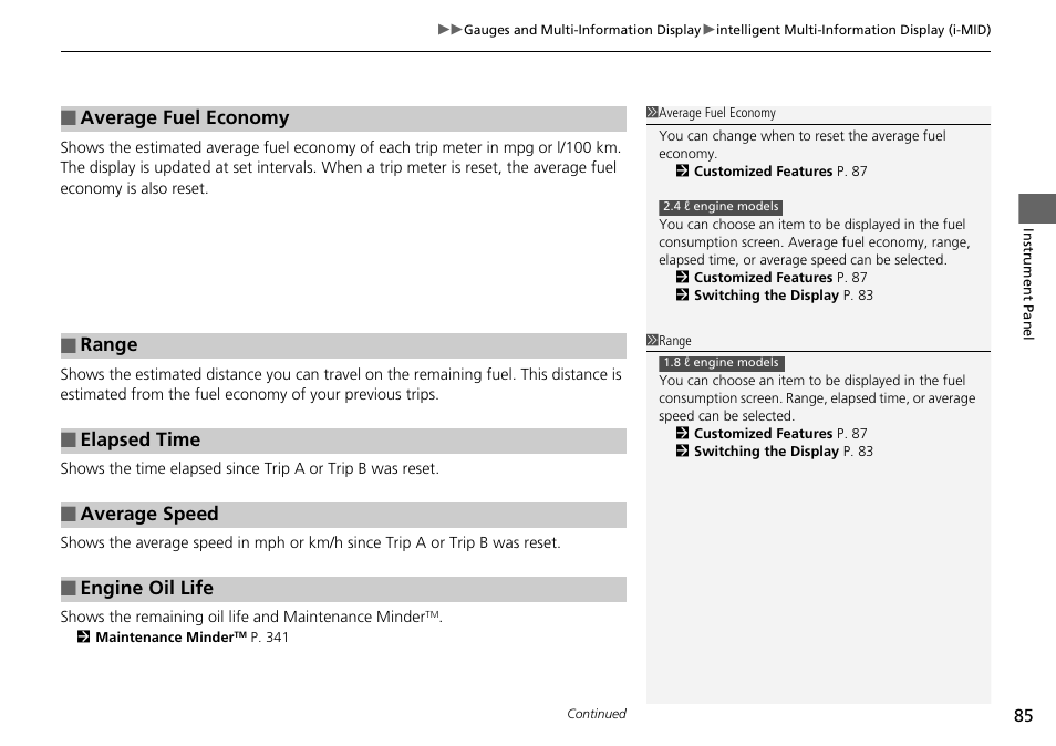 Average fuel economy, Range, Elapsed time | Average speed, Engine oil life | HONDA 2015 Civic Si Coupe - Owner's Manual User Manual | Page 86 / 441