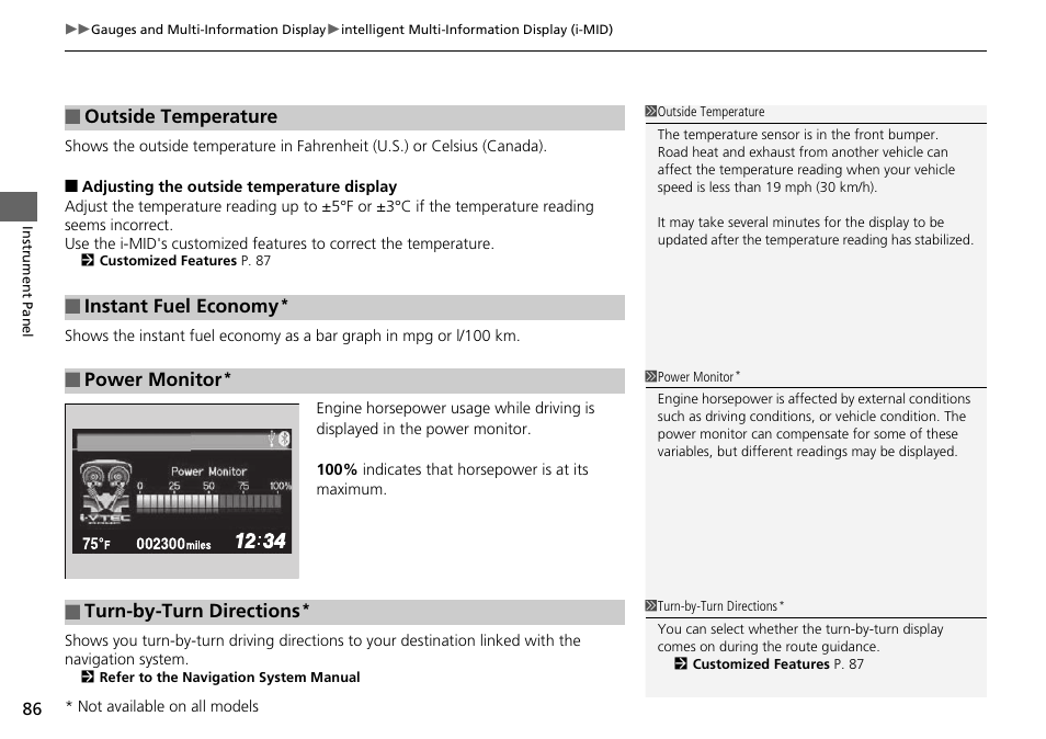 Outside temperature, Instant fuel economy, Power monitor | Turn-by-turn directions | HONDA 2015 Civic Si Coupe - Owner's Manual User Manual | Page 87 / 441