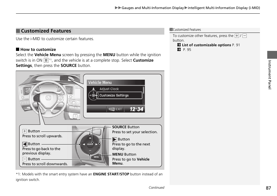 P87), Customized features p. 87, Customized features | HONDA 2015 Civic Si Coupe - Owner's Manual User Manual | Page 88 / 441