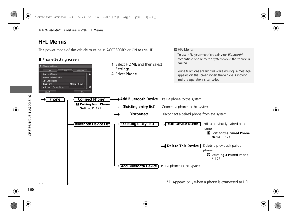 Hfl menus | HONDA 2015 Civic (HF) - Navigation Manual User Manual | Page 189 / 253