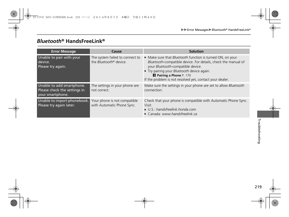 Bluetooth ® handsfreelink | HONDA 2015 Civic (HF) - Navigation Manual User Manual | Page 220 / 253