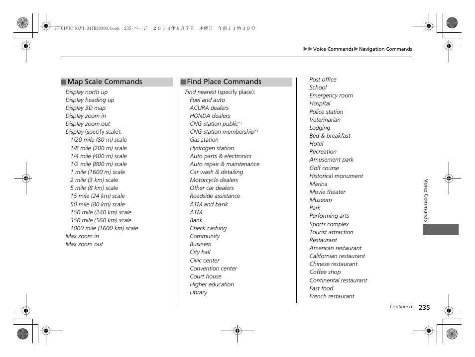 Map scale commands, Find place commands, Find place commands p. 235 | HONDA 2015 Civic (HF) - Navigation Manual User Manual | Page 236 / 253