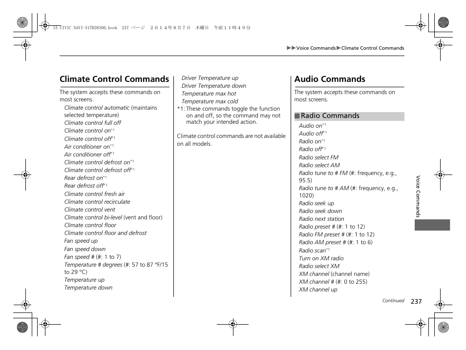 Audio commands, Radio commands p. 237, Climate control commands audio commands | Climate control commands | HONDA 2015 Civic (HF) - Navigation Manual User Manual | Page 238 / 253