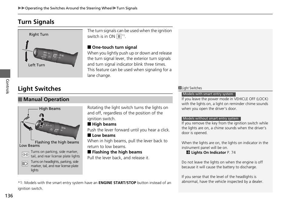 P136), P136, P 136) | Turn signals light switches, Turn signals, Light switches, Manual operation | HONDA 2015 Civic Si Sedan - Owner's Manual User Manual | Page 137 / 469