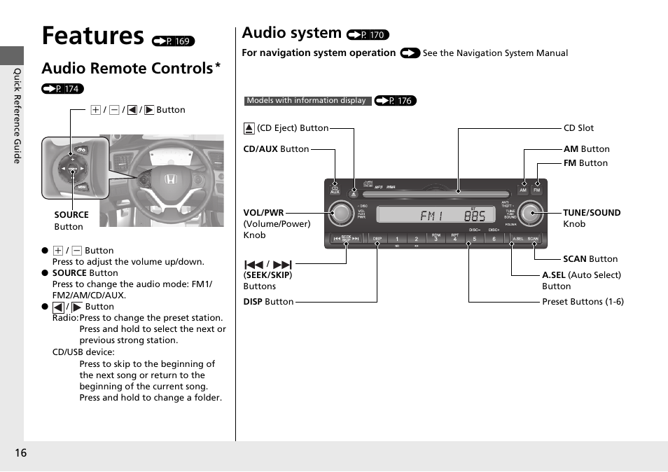 Features (p 169), Features, Audio remote controls | Audio system | HONDA 2015 Civic Si Sedan - Owner's Manual User Manual | Page 17 / 469