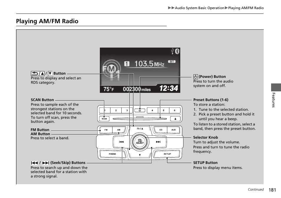 Playing am/fm radio | HONDA 2015 Civic Si Sedan - Owner's Manual User Manual | Page 182 / 469