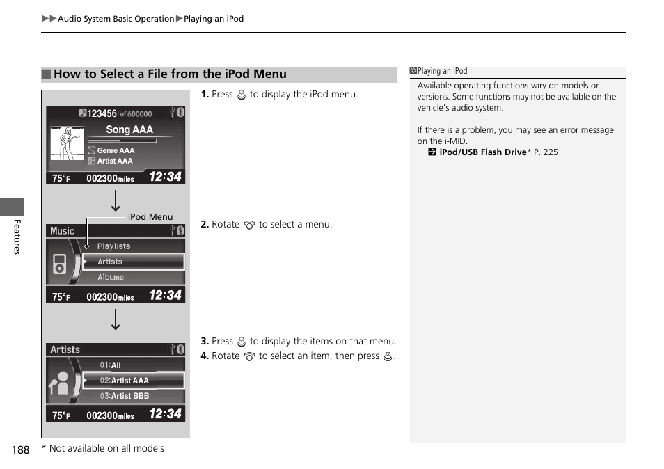 How to select a file from the ipod menu | HONDA 2015 Civic Si Sedan - Owner's Manual User Manual | Page 189 / 469