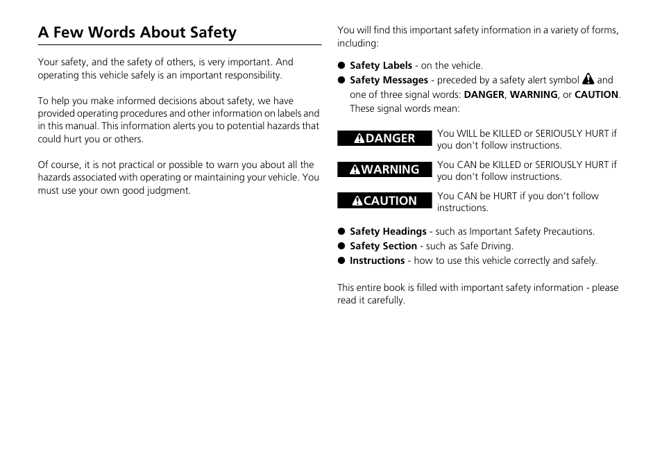 A few words about safety | HONDA 2015 Civic Si Sedan - Owner's Manual User Manual | Page 2 / 469