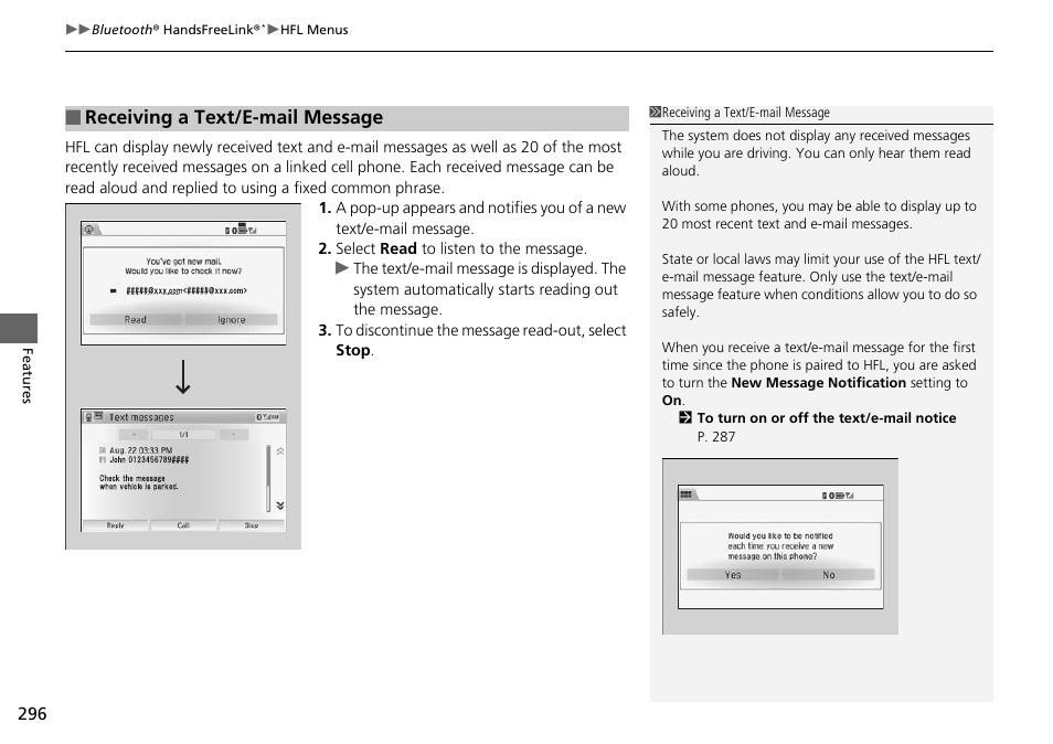 Receiving a text/e-mail message | HONDA 2015 Civic Si Sedan - Owner's Manual User Manual | Page 297 / 469