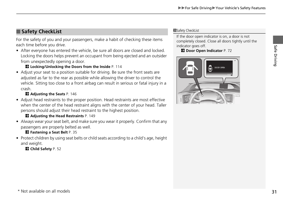 P 31, Safety checklist | HONDA 2015 Civic Si Sedan - Owner's Manual User Manual | Page 32 / 469