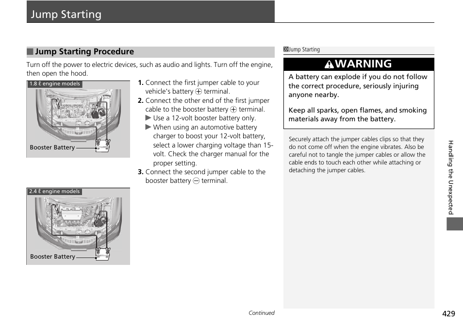 Jump starting p. 429, Jump starting, Warning | HONDA 2015 Civic Si Sedan - Owner's Manual User Manual | Page 430 / 469