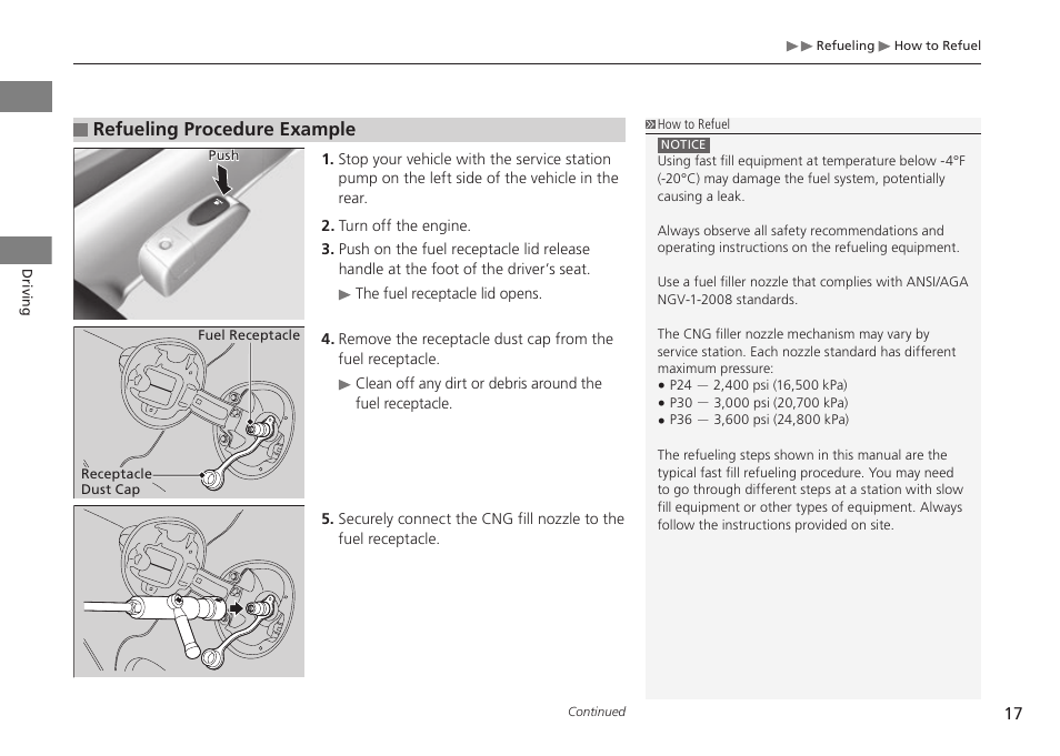 Refueling procedure example | HONDA 2015 Civic Si Sedan - Owner's Manual (CNG) User Manual | Page 18 / 46