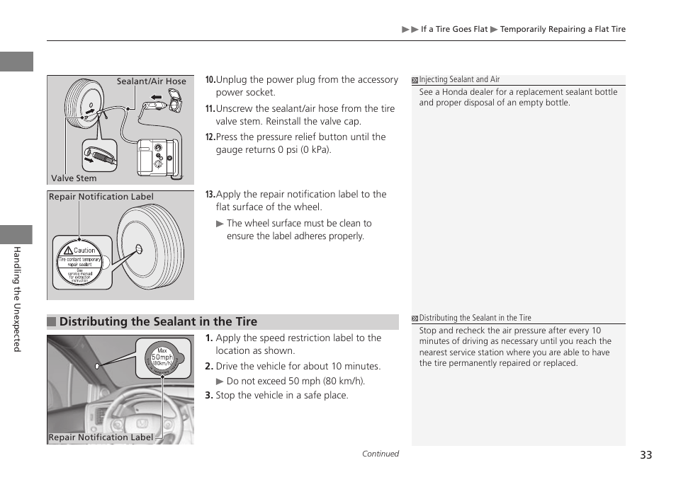 Distributing the sealant in the tire | HONDA 2015 Civic Si Sedan - Owner's Manual (CNG) User Manual | Page 34 / 46