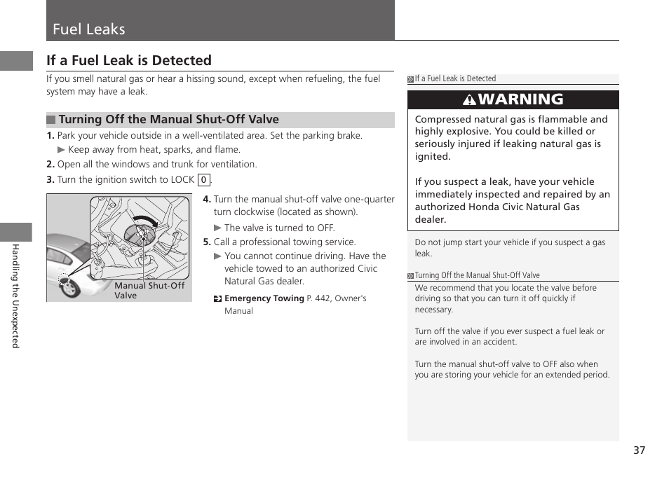 P. 37, Fuel leaks, Warning | If a fuel leak is detected | HONDA 2015 Civic Si Sedan - Owner's Manual (CNG) User Manual | Page 38 / 46