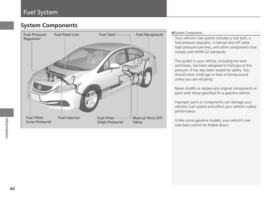 P. 44, Fuel system, System components | HONDA 2015 Civic Si Sedan - Owner's Manual (CNG) User Manual | Page 45 / 46