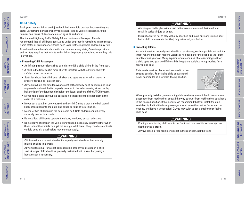Child safety, Warning | HONDA 2015 Civic Hybrid - Owner's Guide User Manual | Page 11 / 65