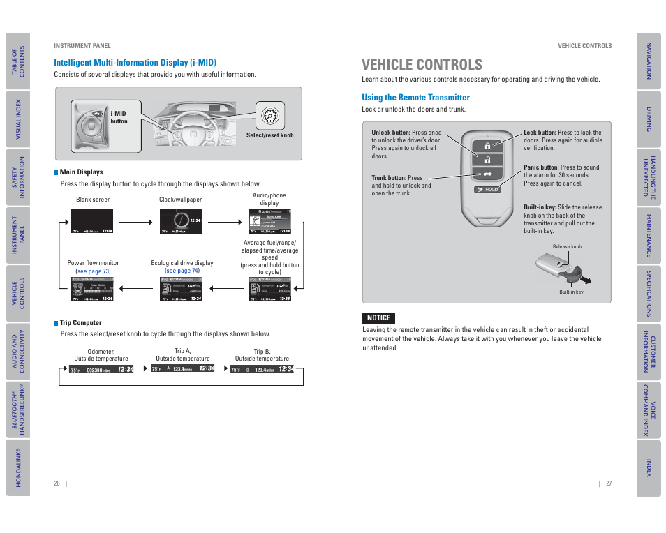 I-mid), Vehicle controls, Using the remote transmitter | Sel/reset knob, P. 26 | HONDA 2015 Civic Hybrid - Owner's Guide User Manual | Page 17 / 65