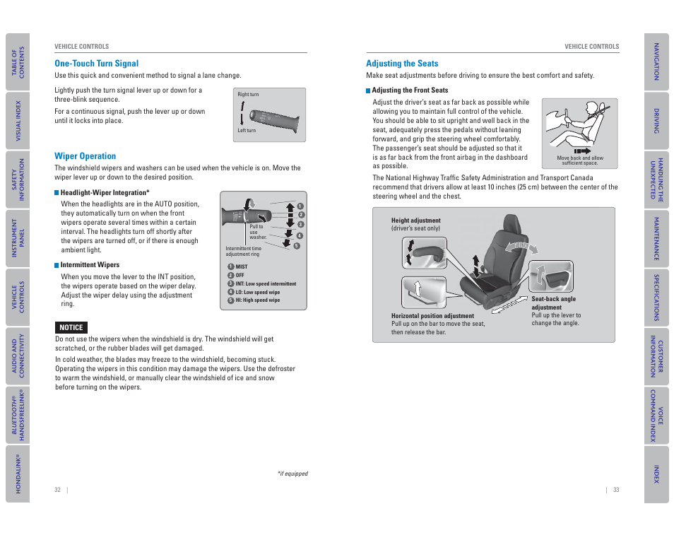 One-touch turn signal, Wiper operation, Adjusting the seats | Wipers/washers, P. 32 | HONDA 2015 Civic Hybrid - Owner's Guide User Manual | Page 20 / 65