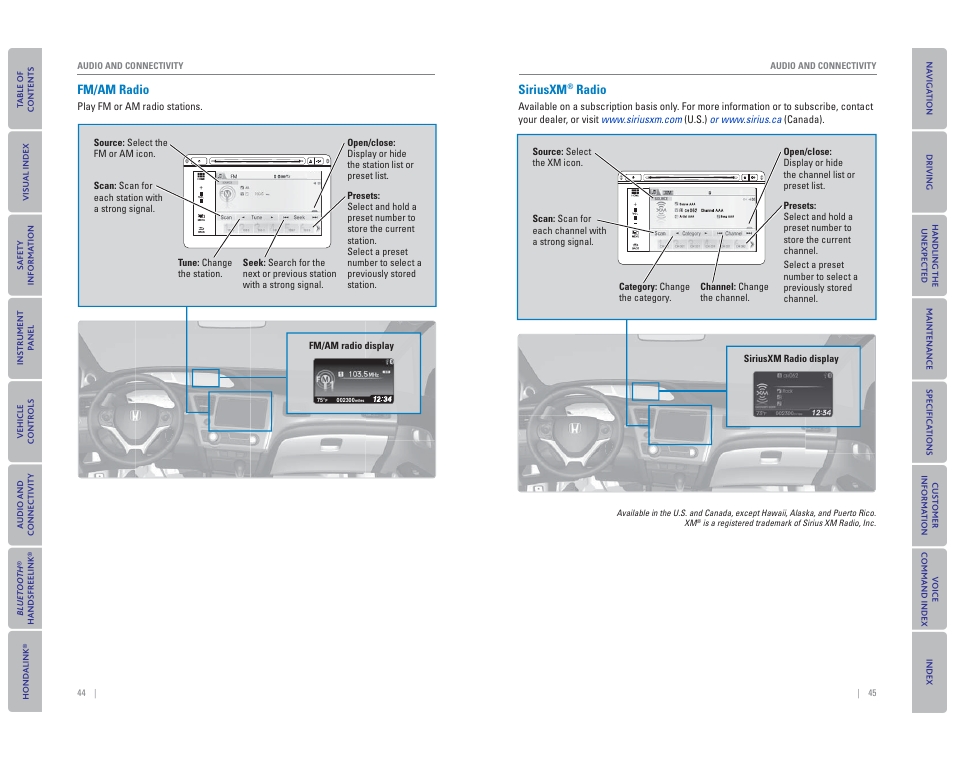 Fm/am radio, Siriusxm, Radio | HONDA 2015 Civic Hybrid - Owner's Guide User Manual | Page 26 / 65