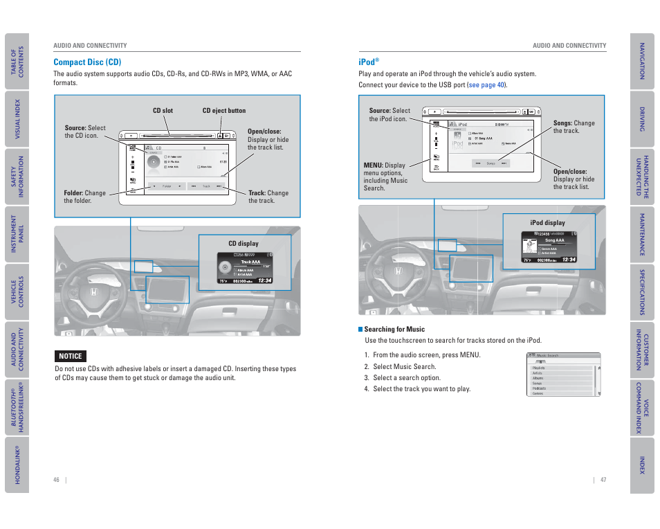 Compact disc (cd), Ipod | HONDA 2015 Civic Hybrid - Owner's Guide User Manual | Page 27 / 65