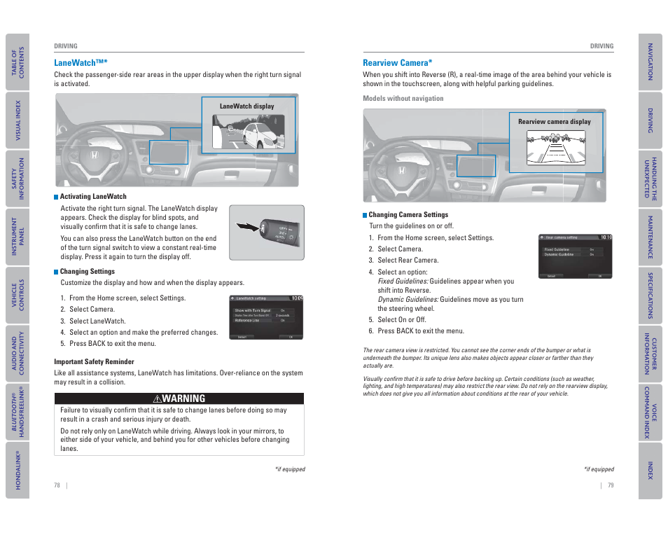 Lanewatch, Rearview camera, Warning | HONDA 2015 Civic Hybrid - Owner's Guide User Manual | Page 43 / 65