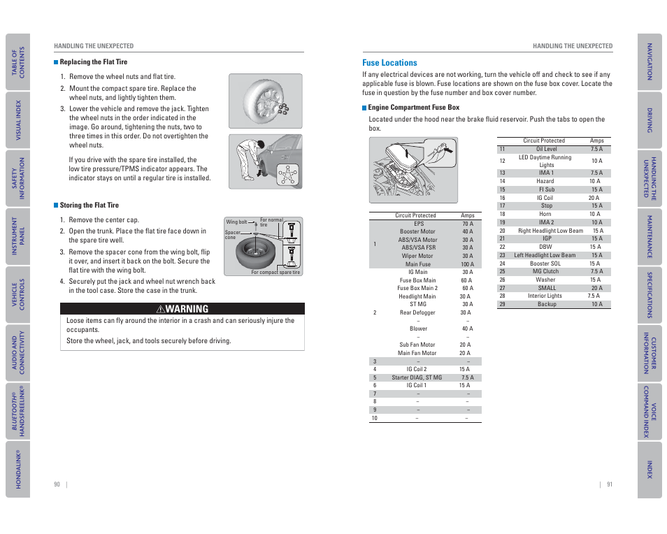 Fuse locations, Warning | HONDA 2015 Civic Hybrid - Owner's Guide User Manual | Page 49 / 65