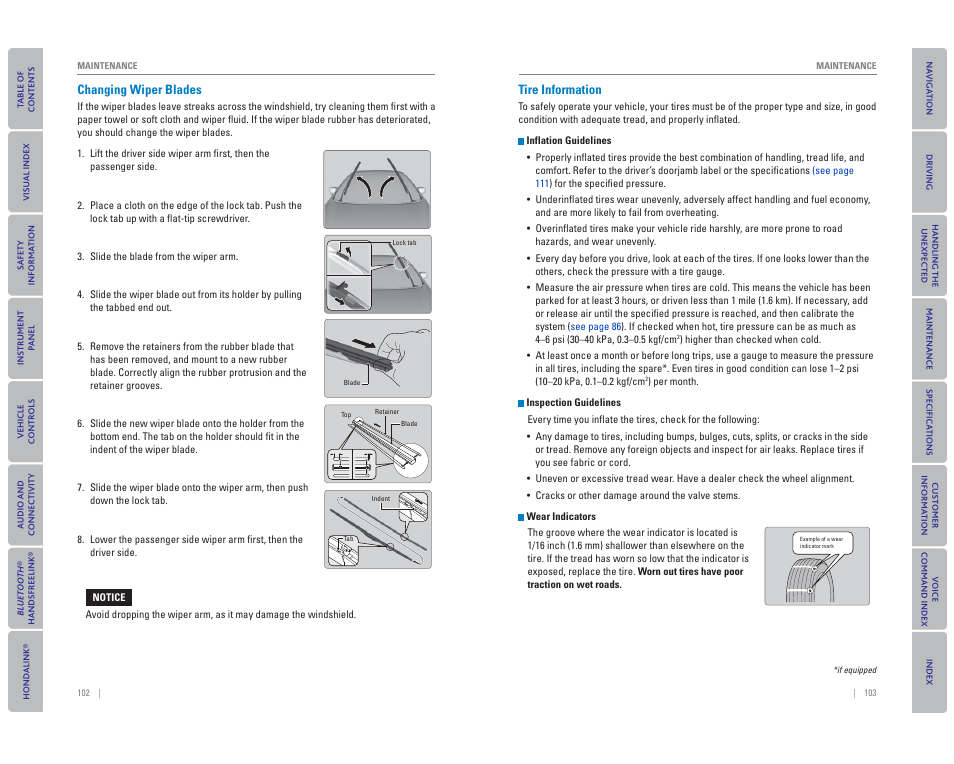 Changing wiper blades, Tire information | HONDA 2015 Civic Hybrid - Owner's Guide User Manual | Page 55 / 65