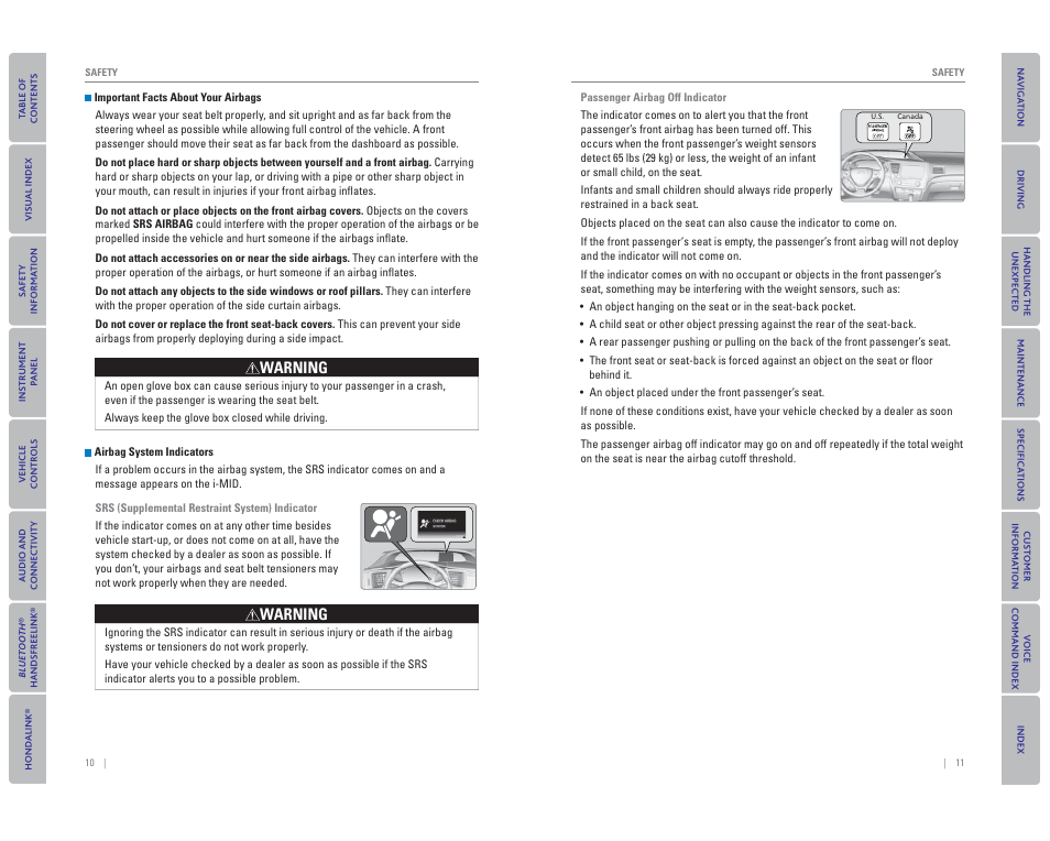 Warning | HONDA 2015 Civic Hybrid - Owner's Guide User Manual | Page 9 / 65