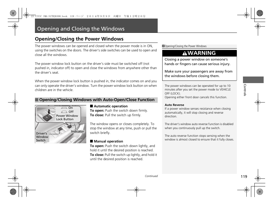 Opening and closing the windows, P 119), P119 | Warning, Opening/closing the power windows | HONDA 2015 Civic Hybrid - Owner's Manual User Manual | Page 120 / 377