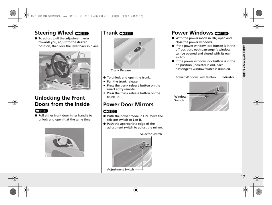 Steering wheel, Unlocking the front doors from the inside, Trunk | Power door mirrors, Power windows | HONDA 2015 Civic Hybrid - Owner's Manual User Manual | Page 18 / 377