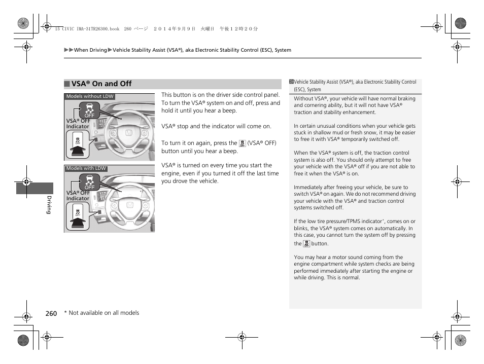 P260), Vsa® on and off | HONDA 2015 Civic Hybrid - Owner's Manual User Manual | Page 261 / 377