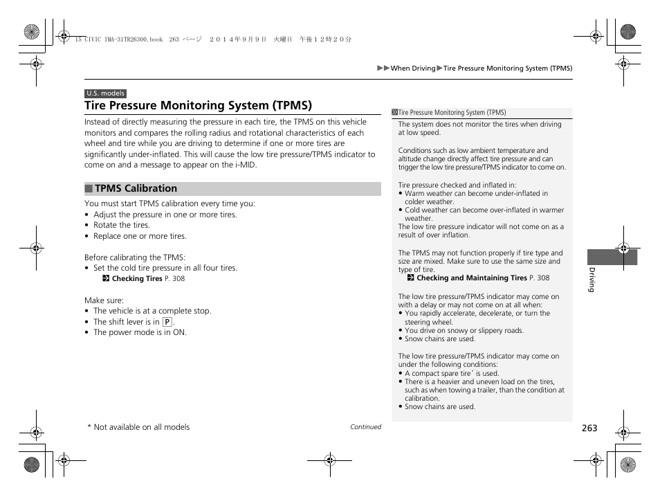 P263, Tire pressure monitoring system (tpms) | HONDA 2015 Civic Hybrid - Owner's Manual User Manual | Page 264 / 377